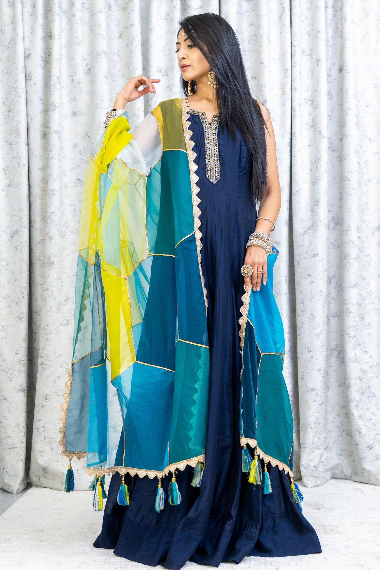 Navy Blue Cotton Punjabi Set with Contrast Dupatta
