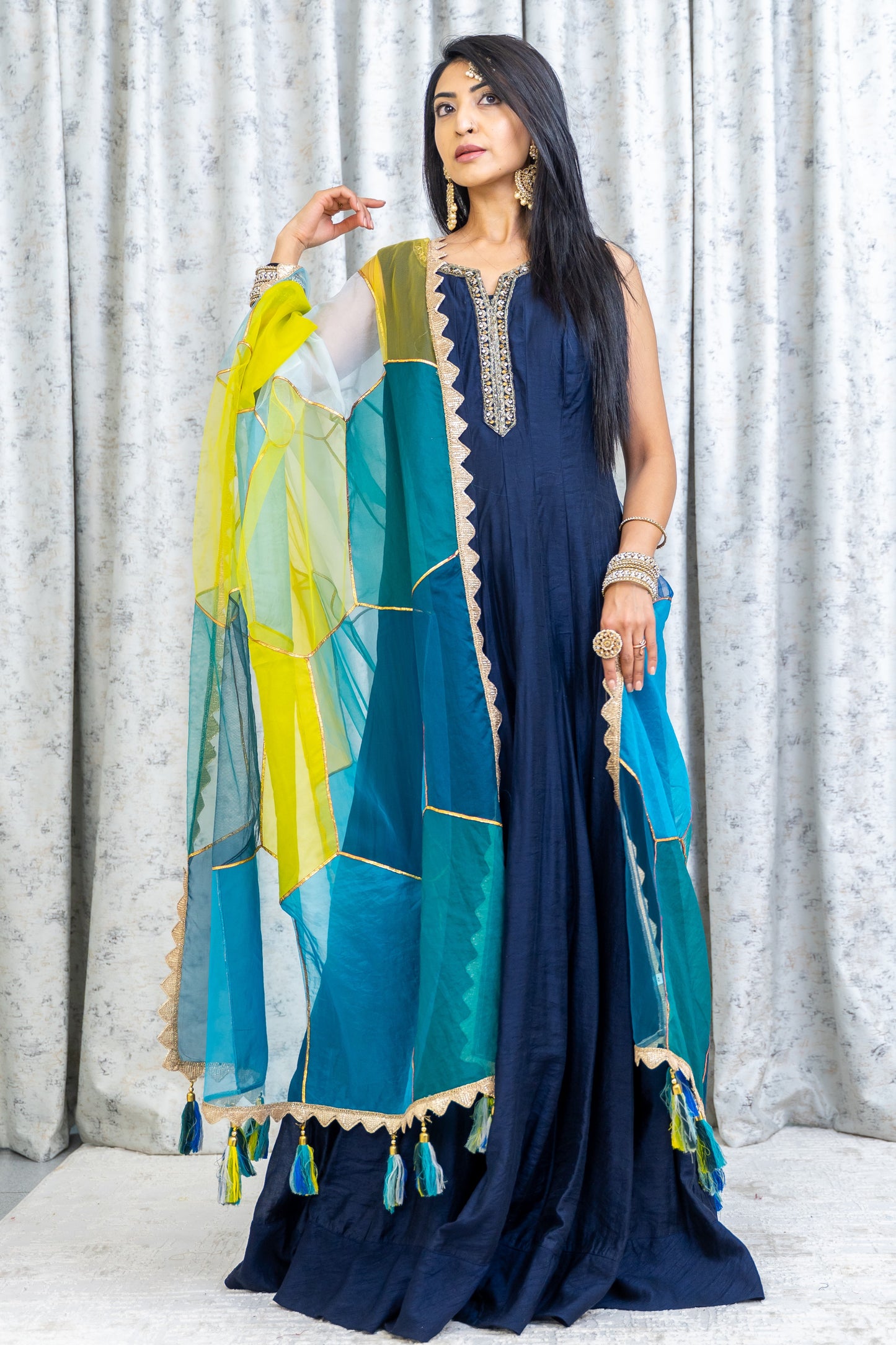 Navy Blue Cotton Punjabi Set with Contrast Dupatta