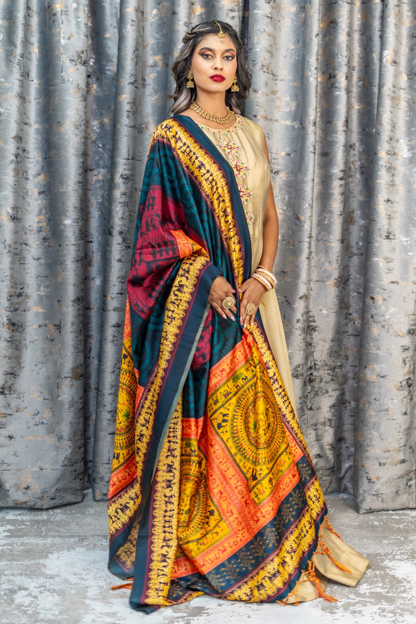 Gold Raw Silk Anarkali Set With Printed Scarf