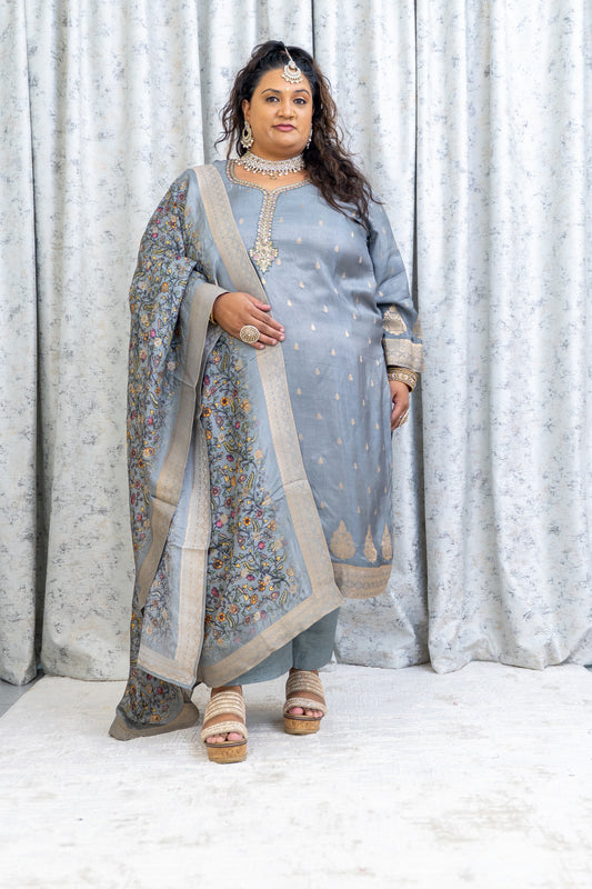 Grey Chinon Silk Punjabi Set with Embroidery
