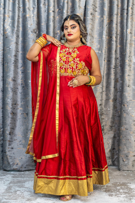 Red Raw Silk Punjabi Set with Gold Swarovski Stone Work