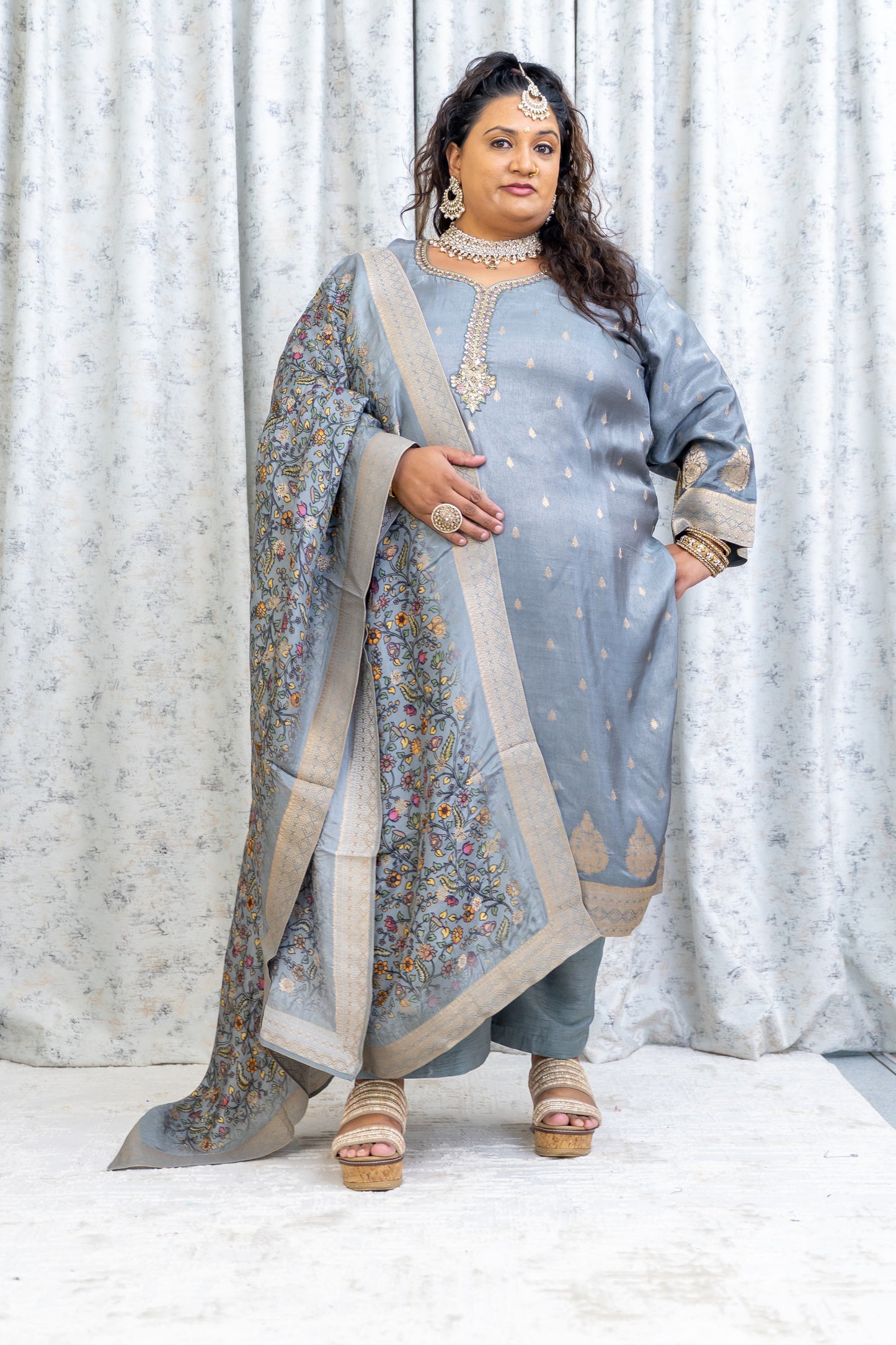 Grey Chinon Silk Punjabi Set with Embroidery