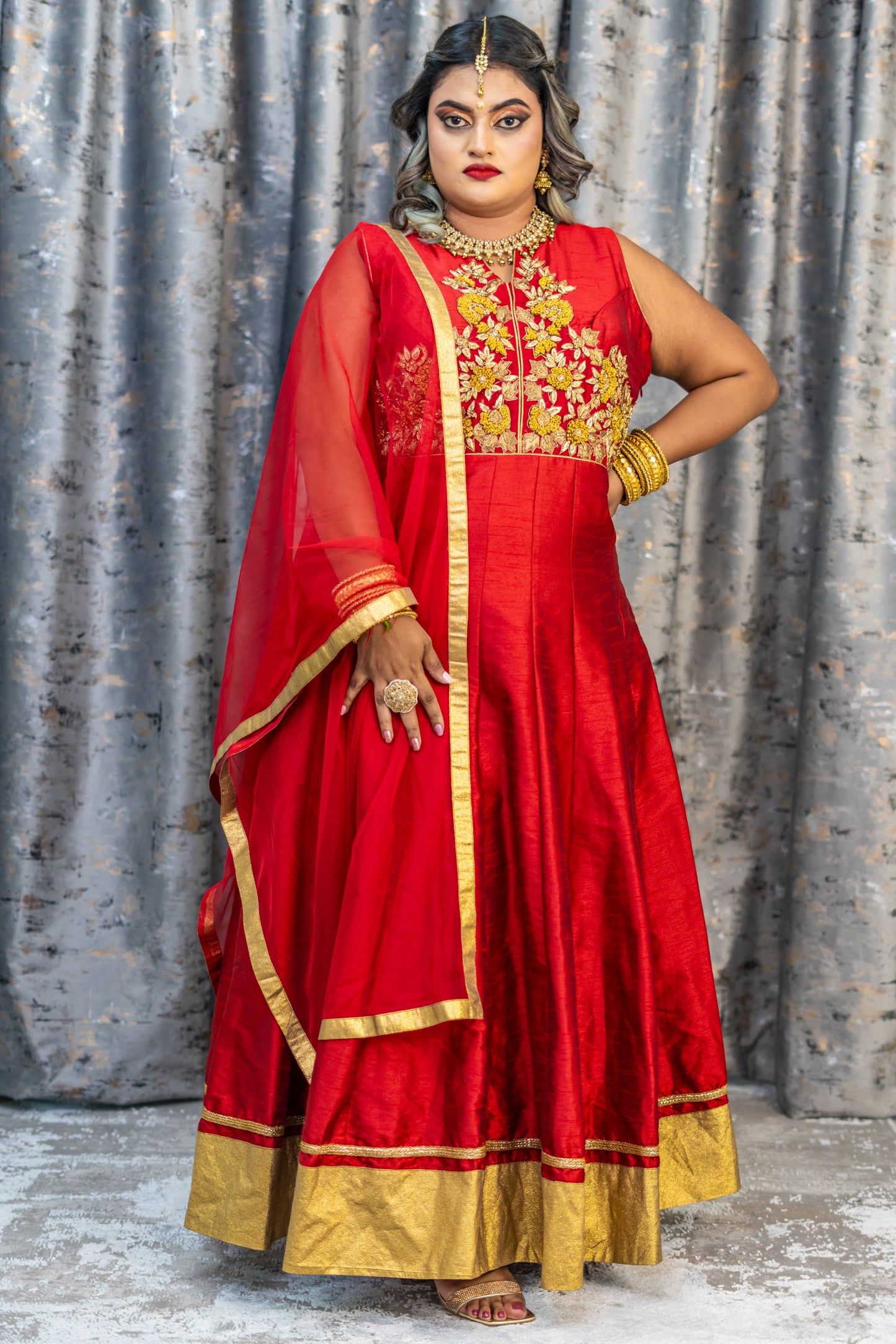 Red Raw Silk Punjabi Set with Gold Swarovski Stone Work