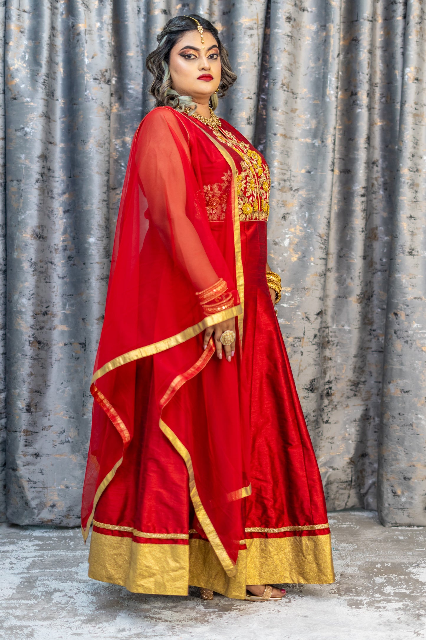 Red Raw Silk Punjabi Set with Gold Swarovski Stone Work