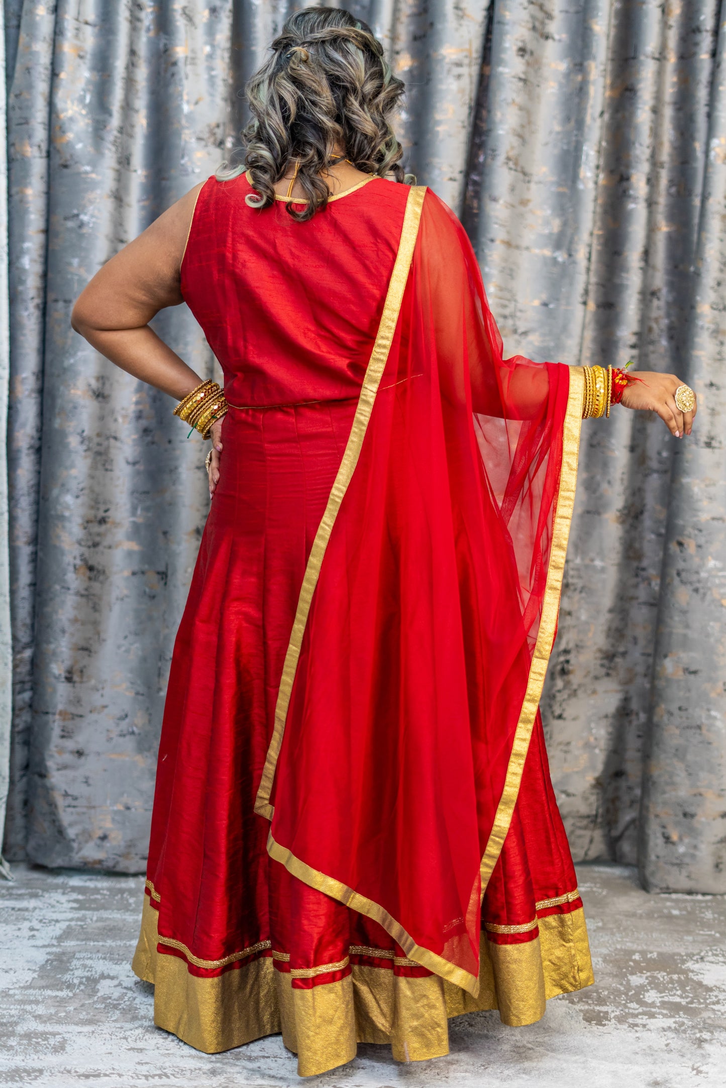 Red Raw Silk Punjabi Set with Gold Swarovski Stone Work