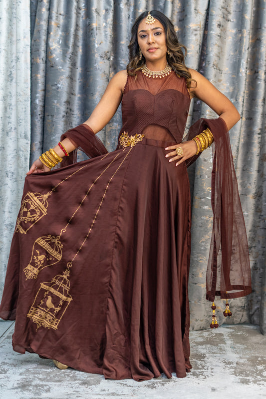 Brown Chinon Silk Punjabi Set