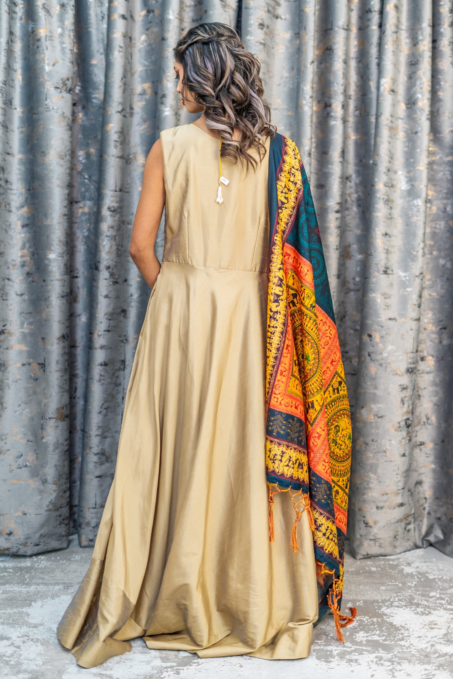Gold Raw Silk Anarkali Set With Printed Scarf