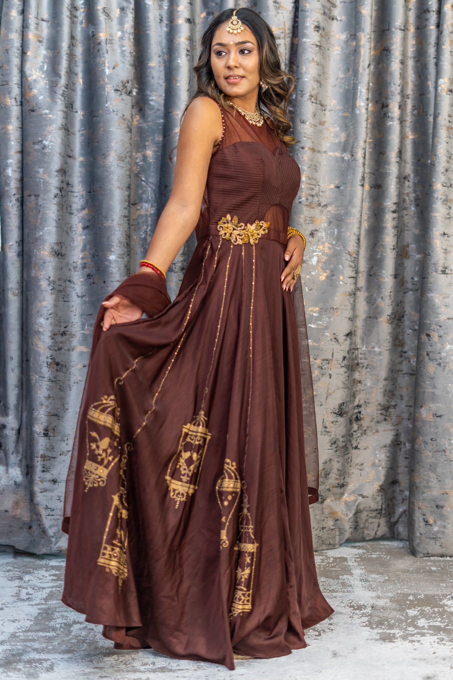 Brown Chinon Silk Punjabi Set