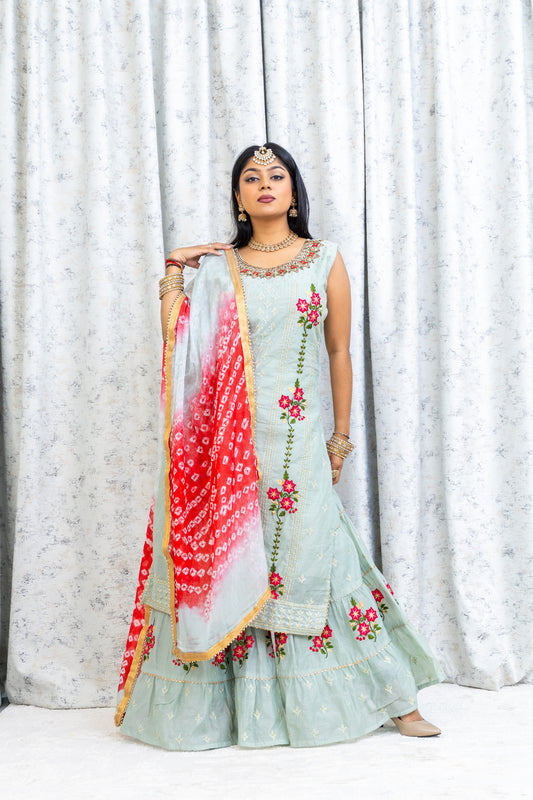 Sage Green Cotton Plazo Punjabi Set with Floral Embroidery