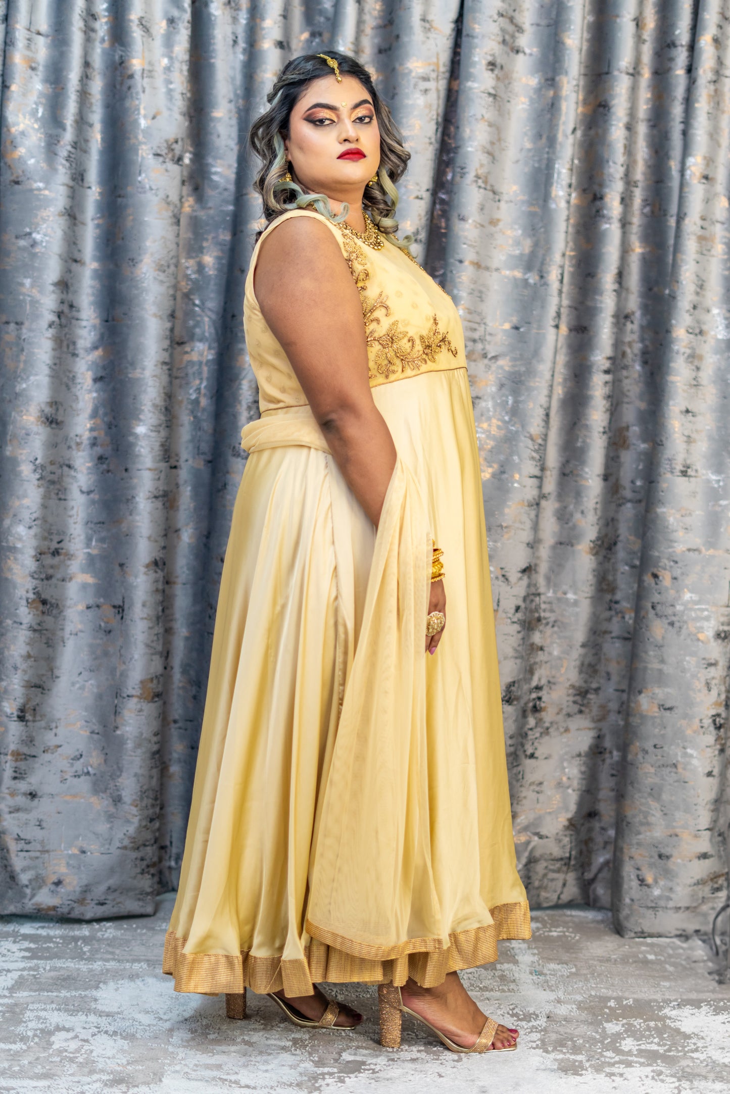 Gold Chinon Silk Punjabi Set