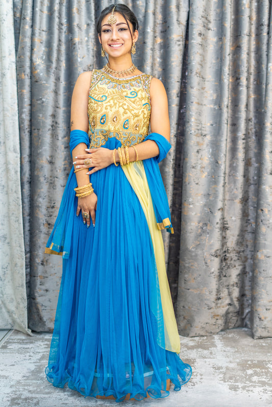 Blue Net Punjabi Set With Gold Swarovski Work