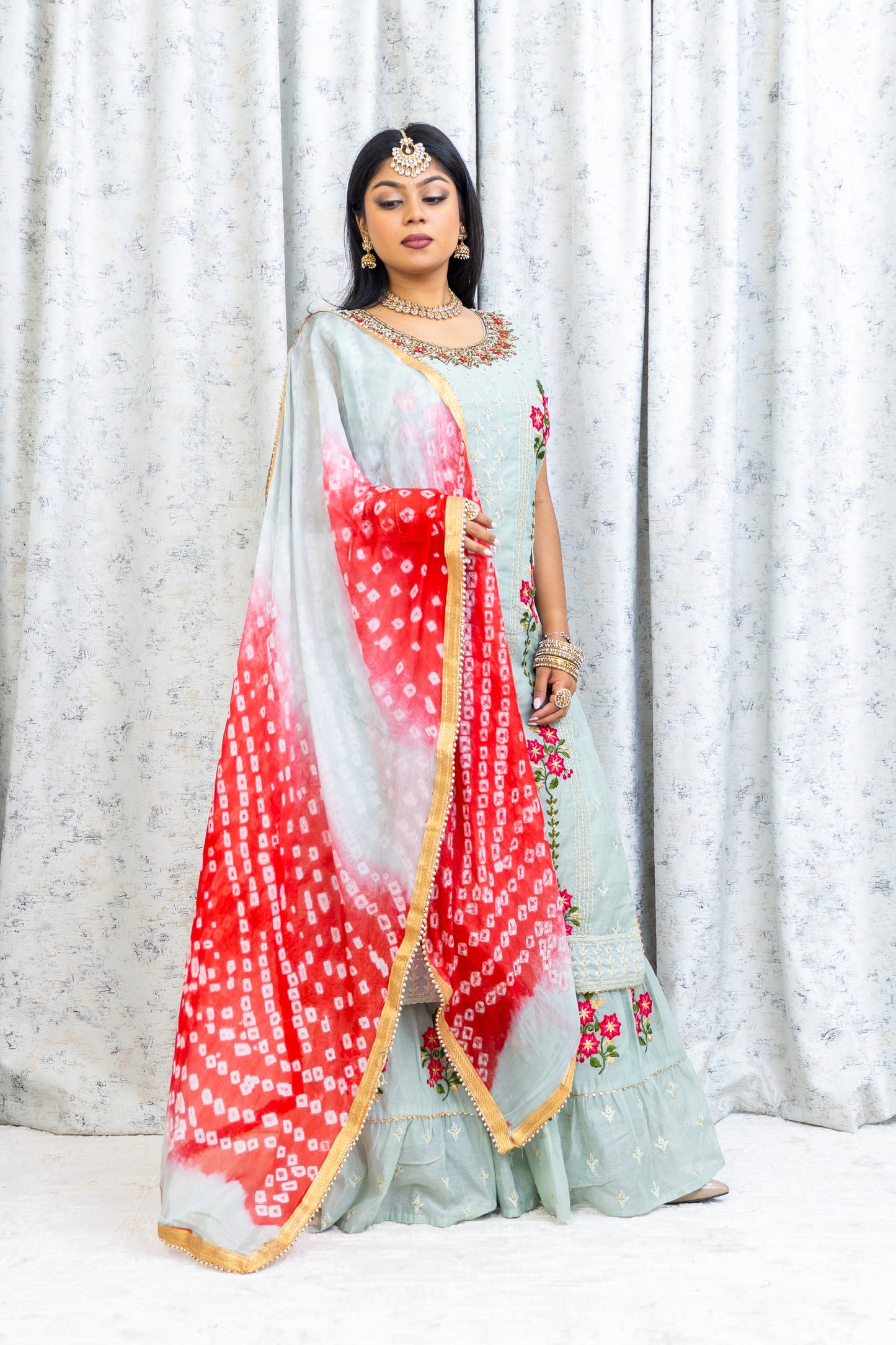 Sage Green Cotton Plazo Punjabi Set with Floral Embroidery