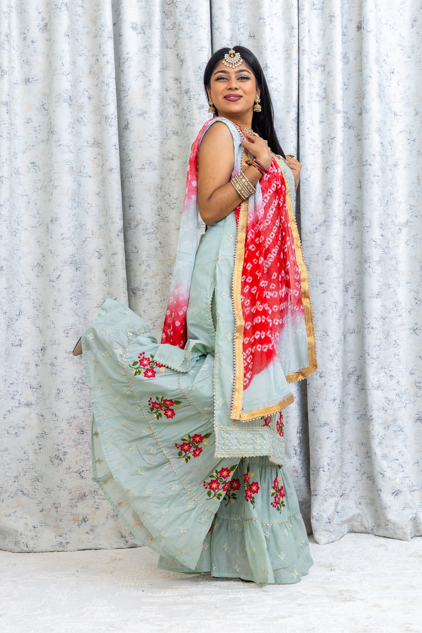 Sage Green Cotton Plazo Punjabi Set with Floral Embroidery