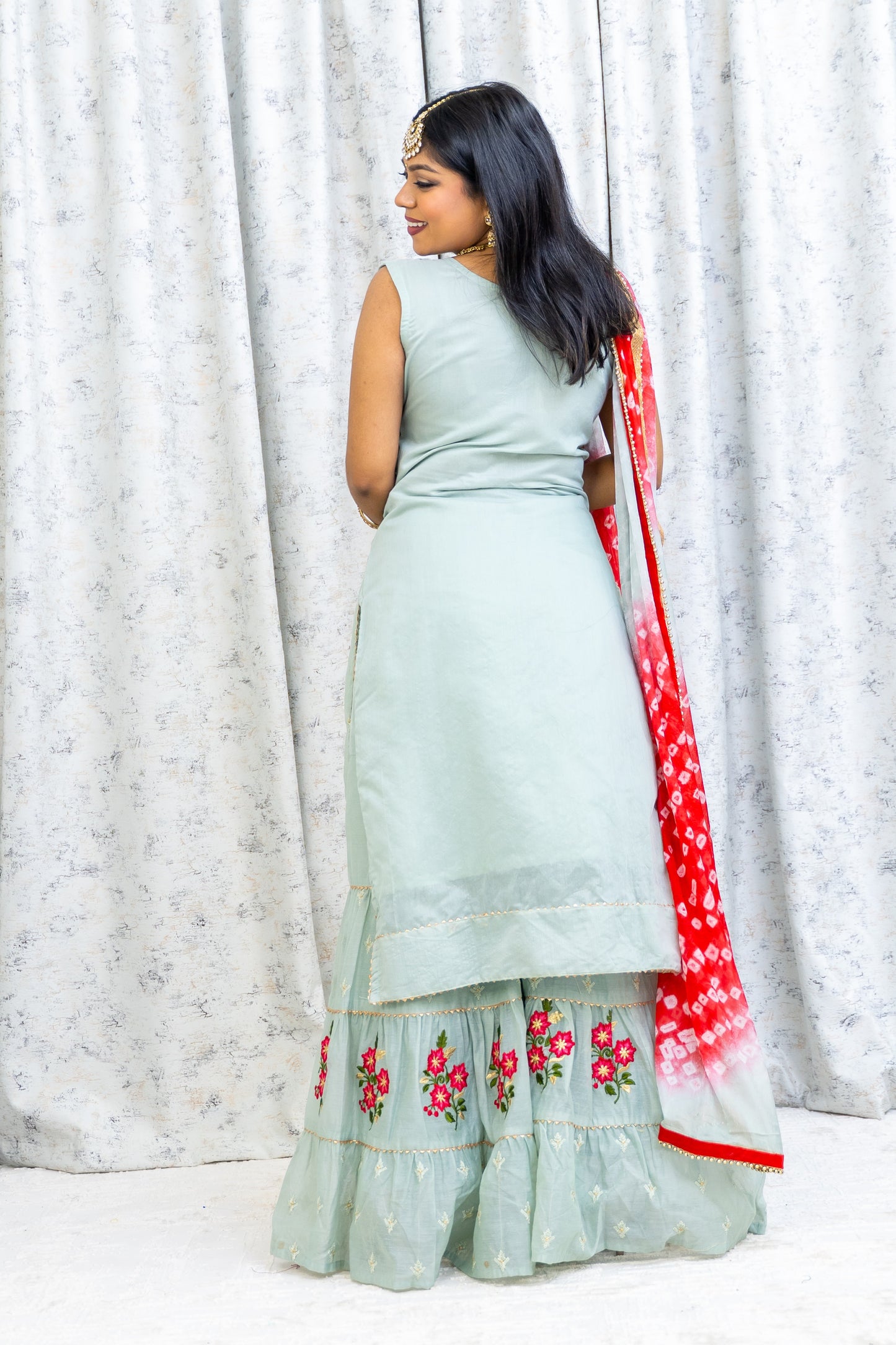 Sage Green Cotton Plazo Punjabi Set with Floral Embroidery