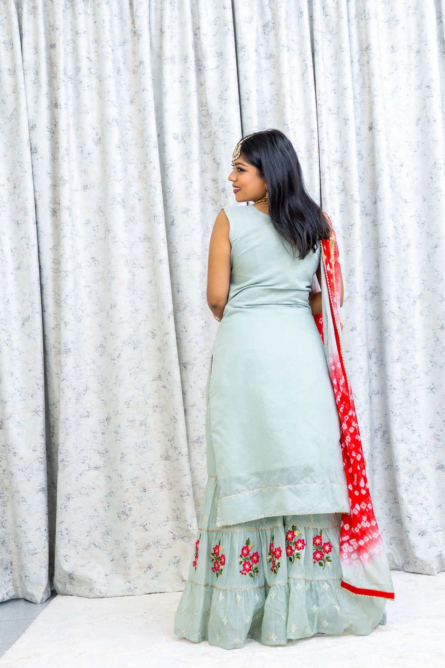 Sage Green Cotton Plazo Punjabi Set with Floral Embroidery
