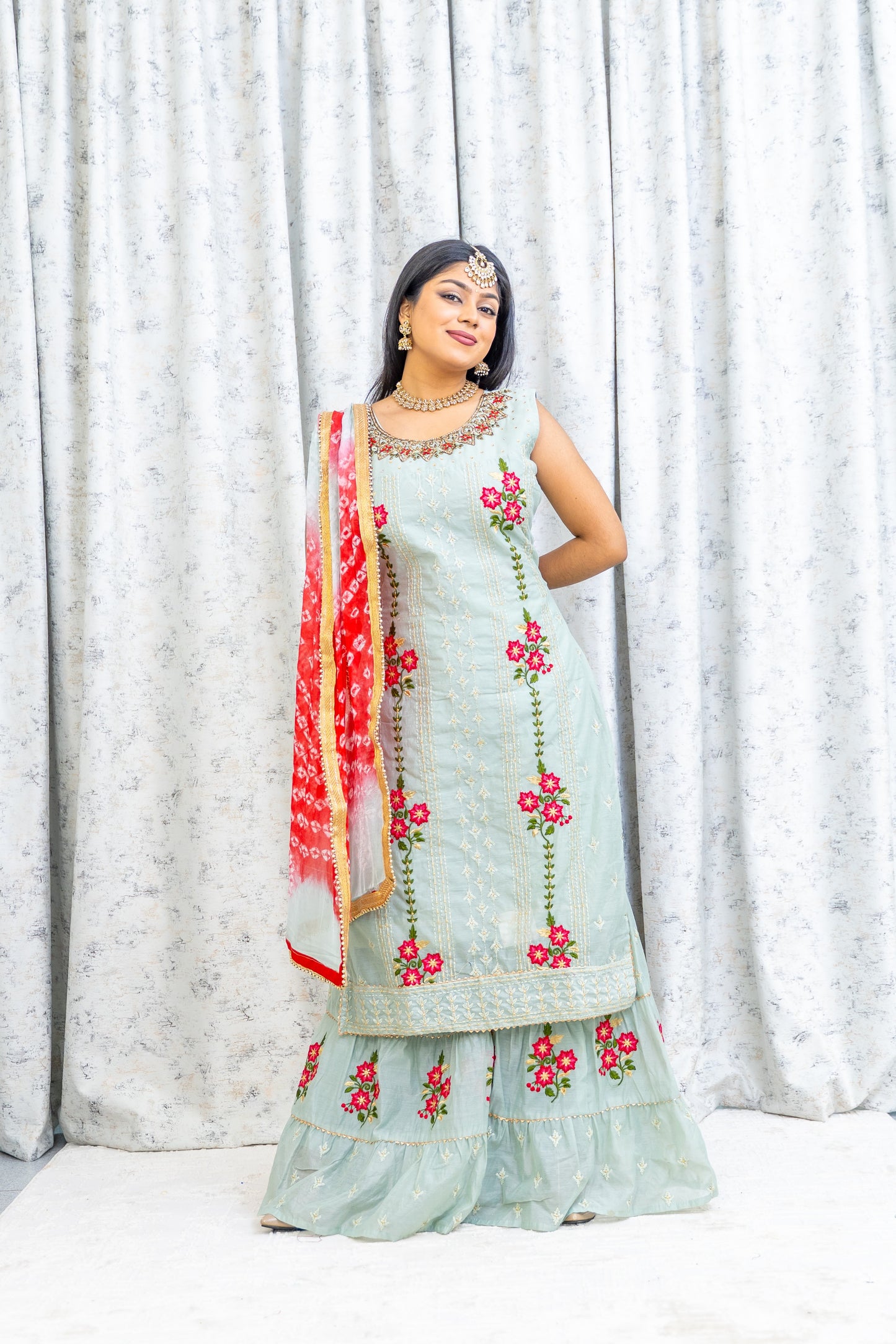 Sage Green Cotton Plazo Punjabi Set with Floral Embroidery