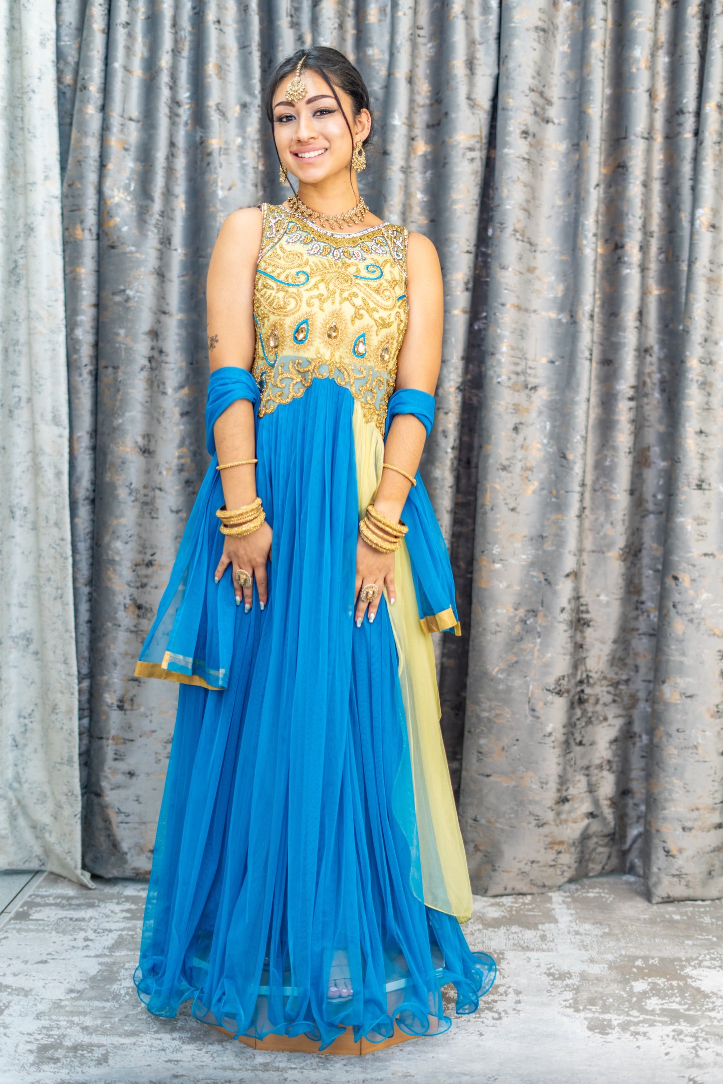 Blue Net Punjabi Set With Gold Swarovski Work