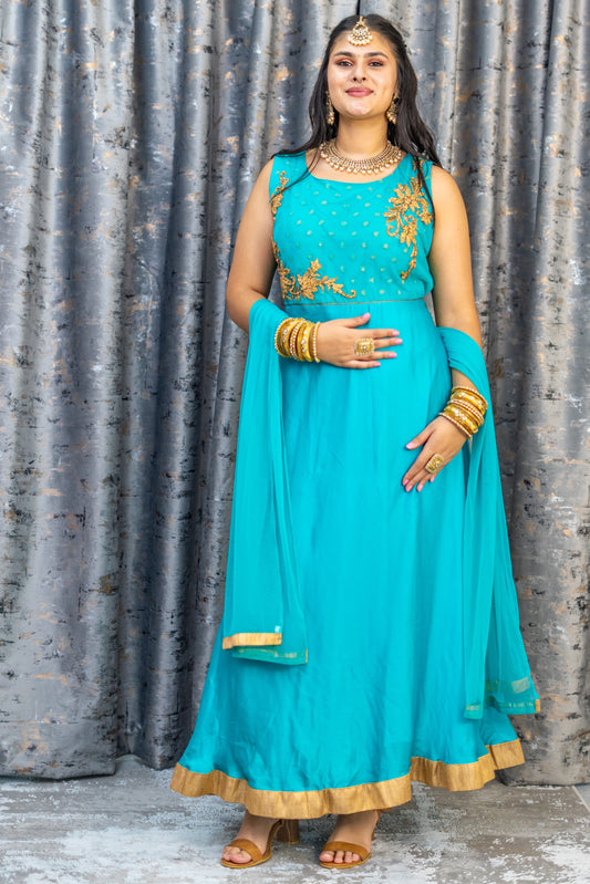 Blue Chinon Silk Punjabi Set