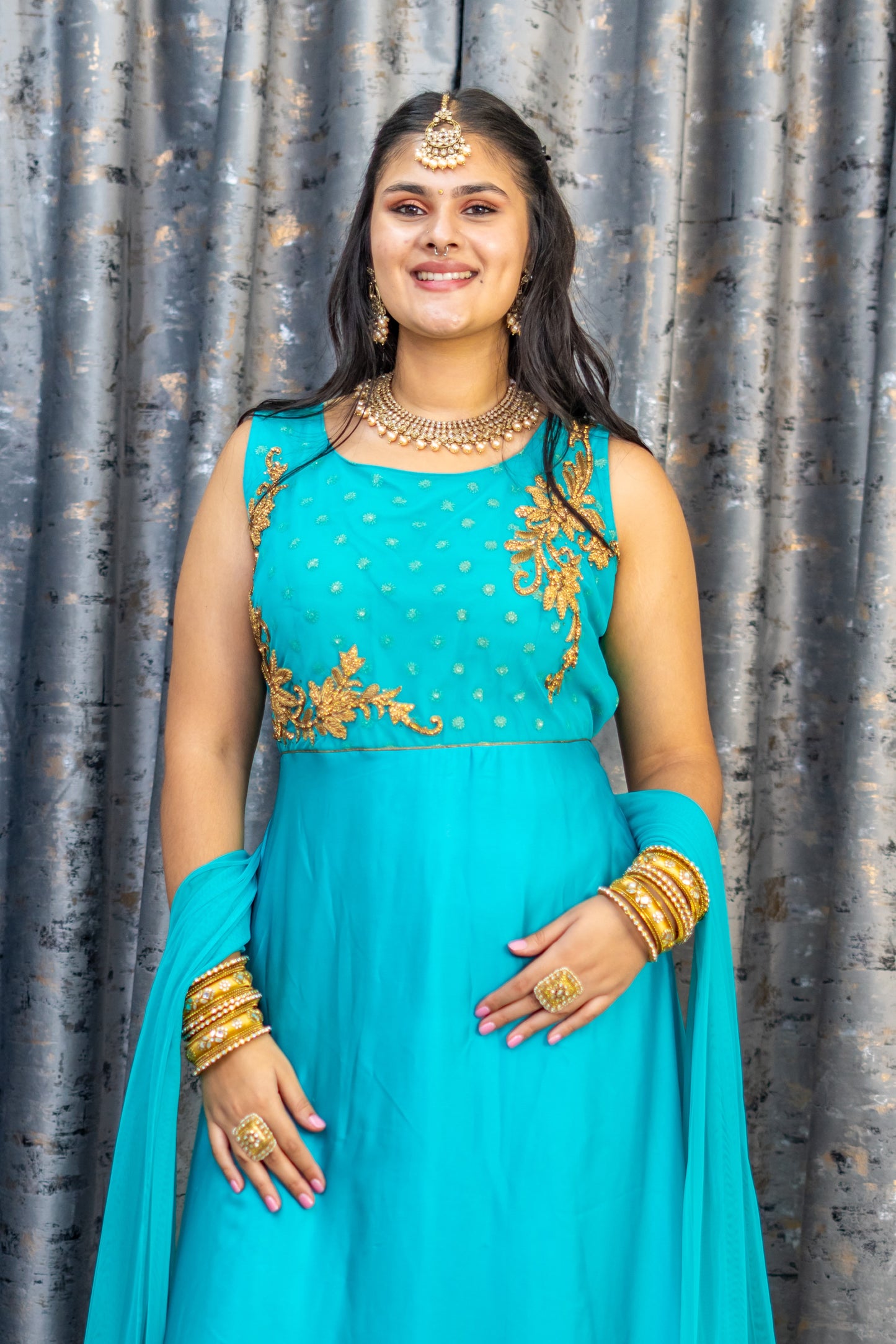 Blue Chinon Silk Punjabi Set
