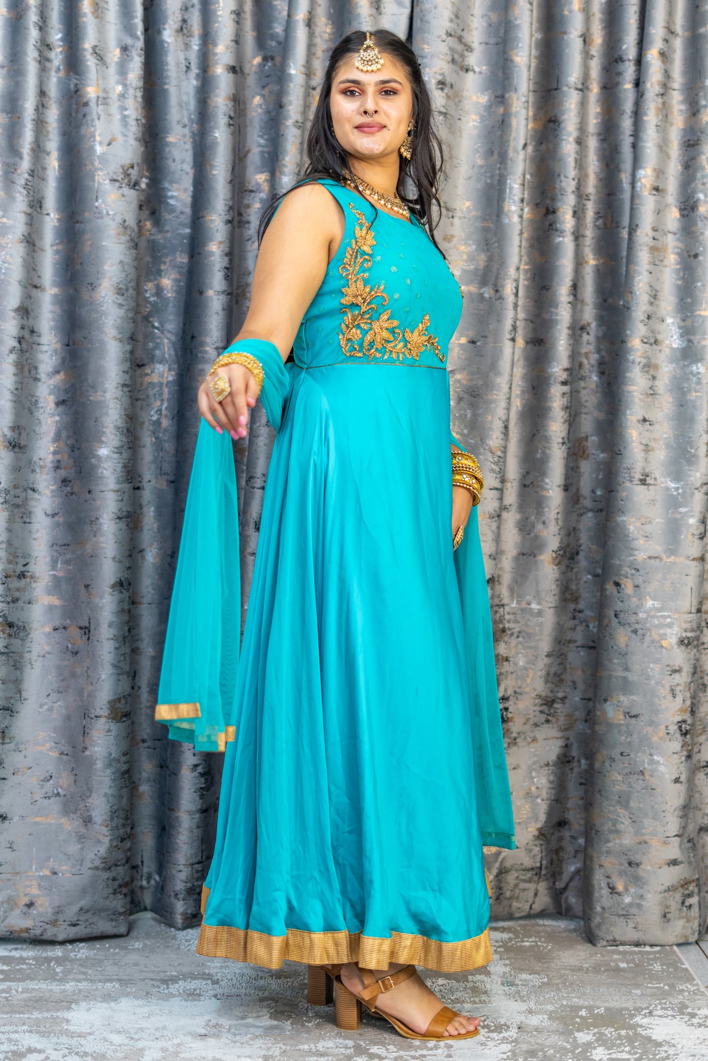 Blue Chinon Silk Punjabi Set