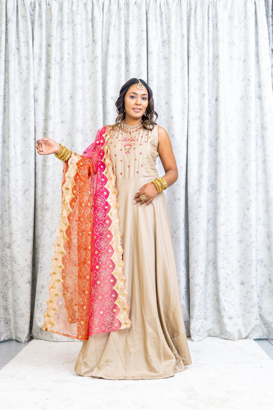 Beige Cotton Punjabi Set with Contrast Dupatta