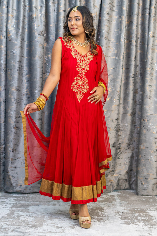 Red Net Punjabi Set with Gold Swarovski Stone Work