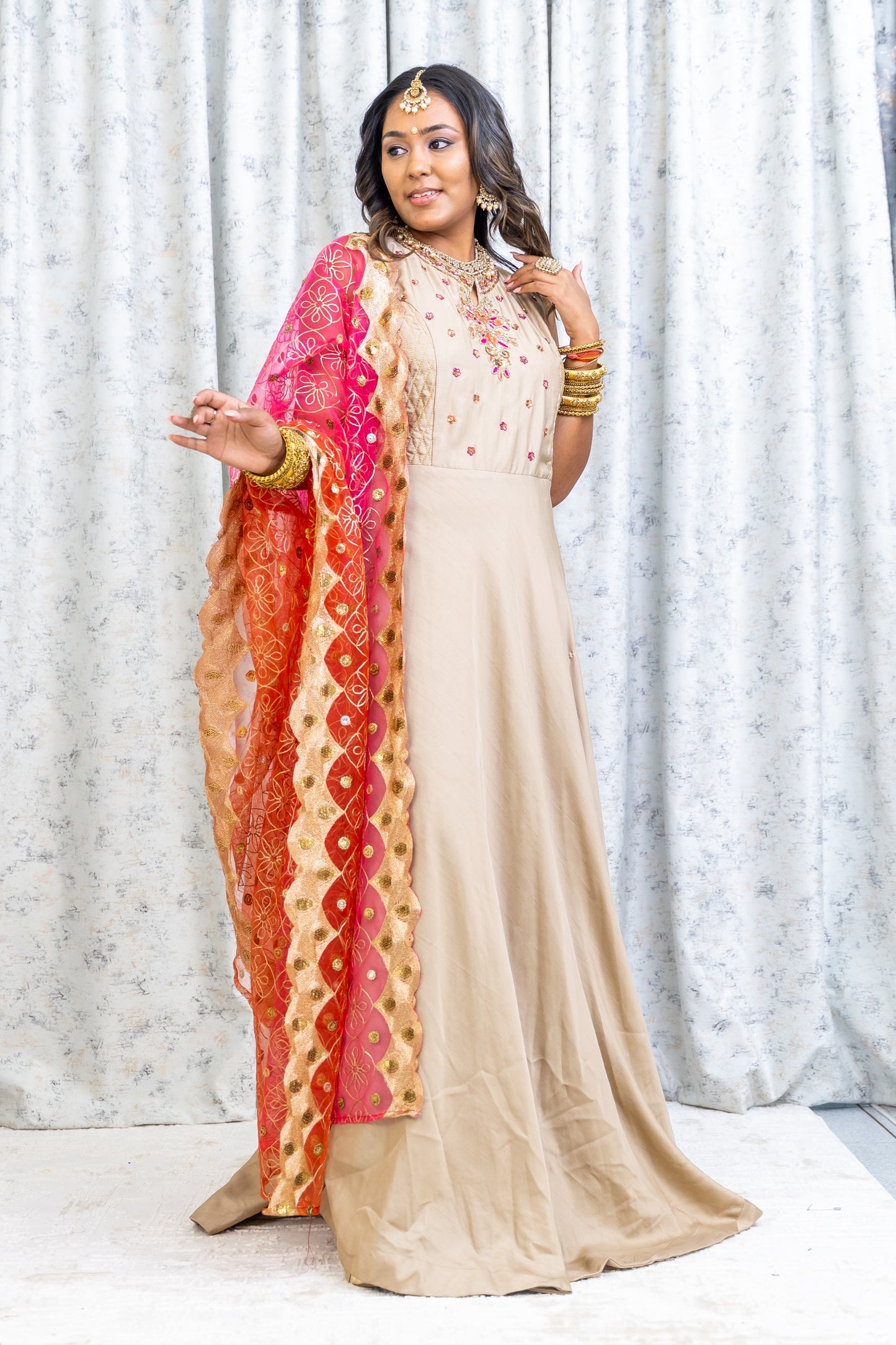Beige Cotton Punjabi Set with Contrast Dupatta