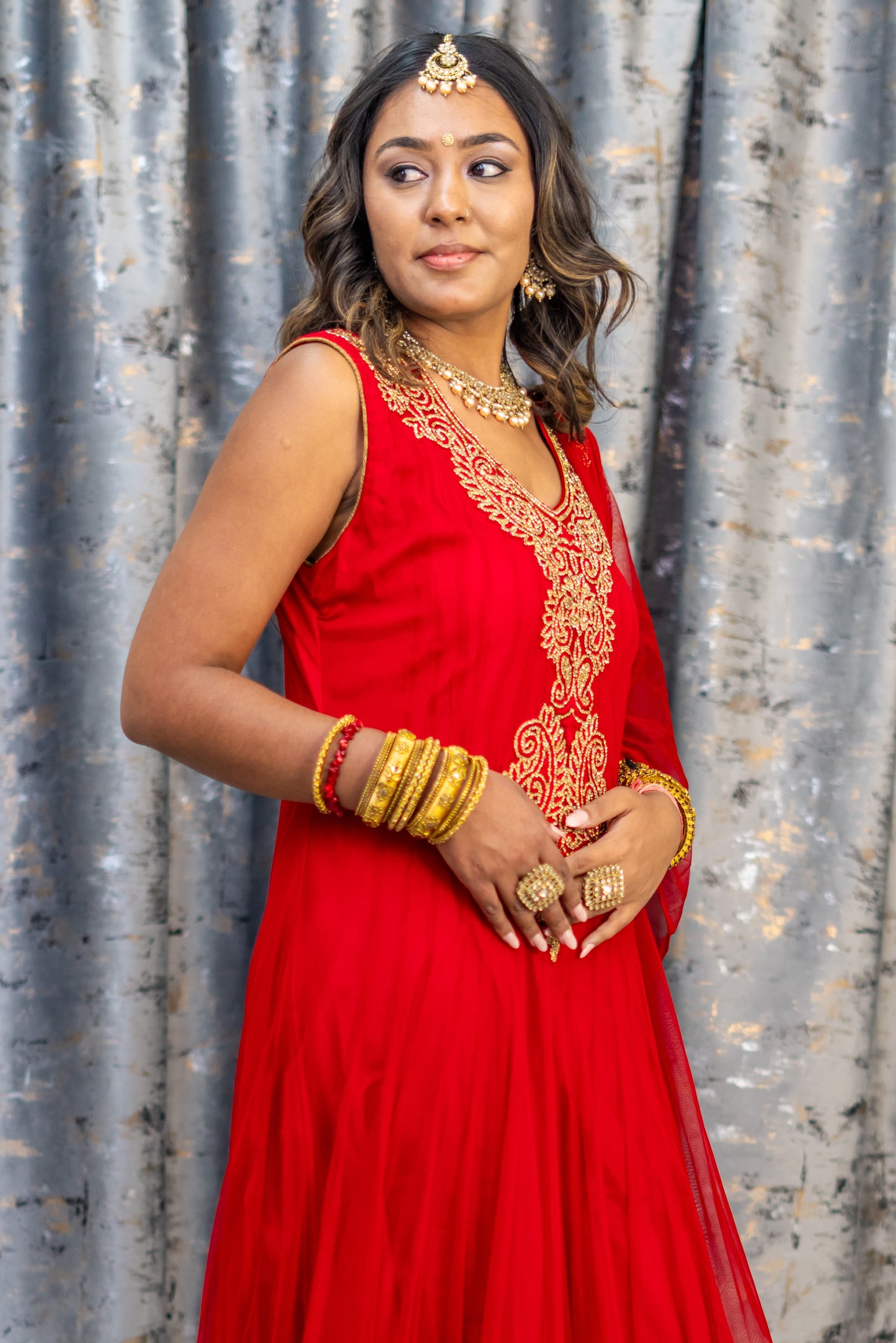 Red Net Punjabi Set with Gold Swarovski Stone Work