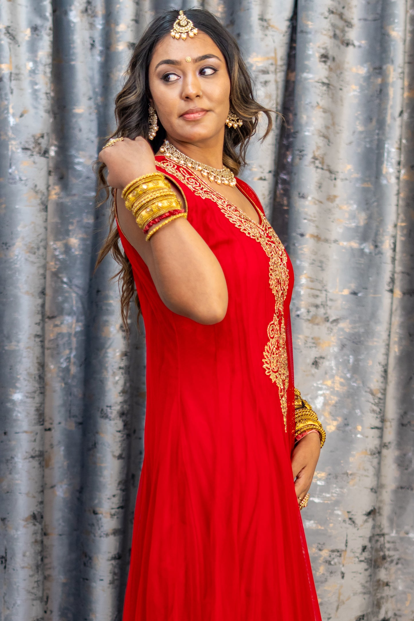 Red Net Punjabi Set with Gold Swarovski Stone Work