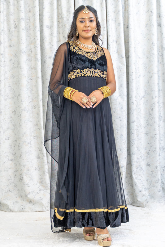 Black Net Punjabi Set with Gold Swarovski Work