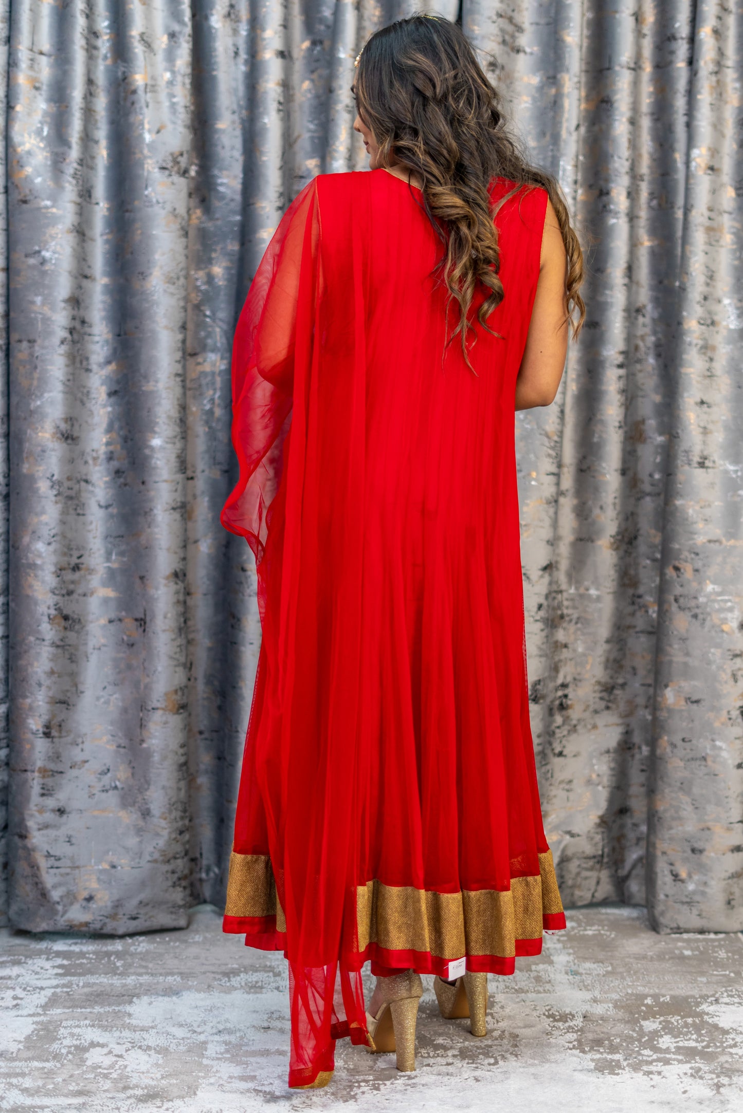 Red Net Punjabi Set with Gold Swarovski Stone Work