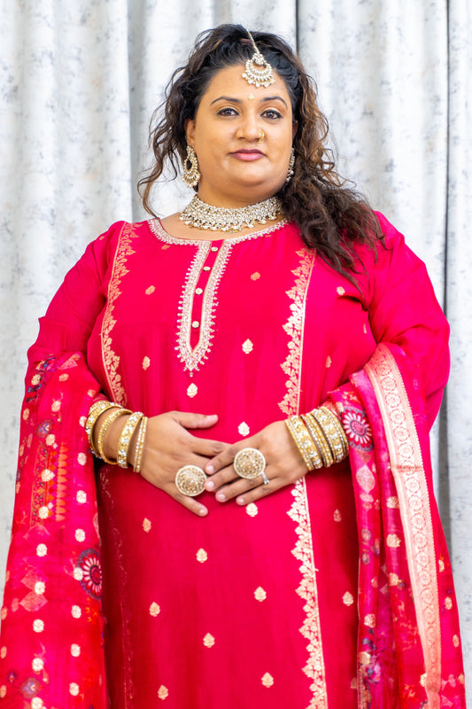 Rani Pink Chinon Silk Punjabi Set with Embroidery