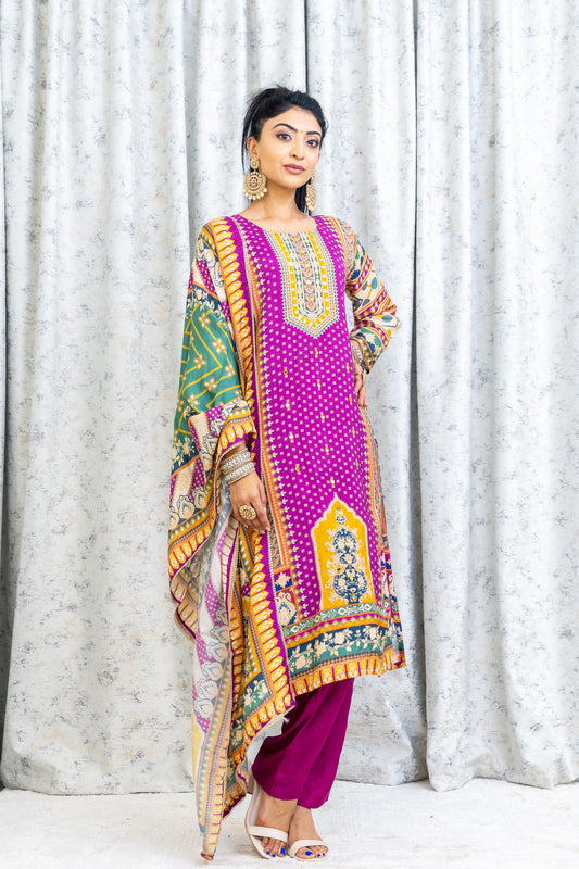 Purple Colourful Chinon Silk Punjabi Set