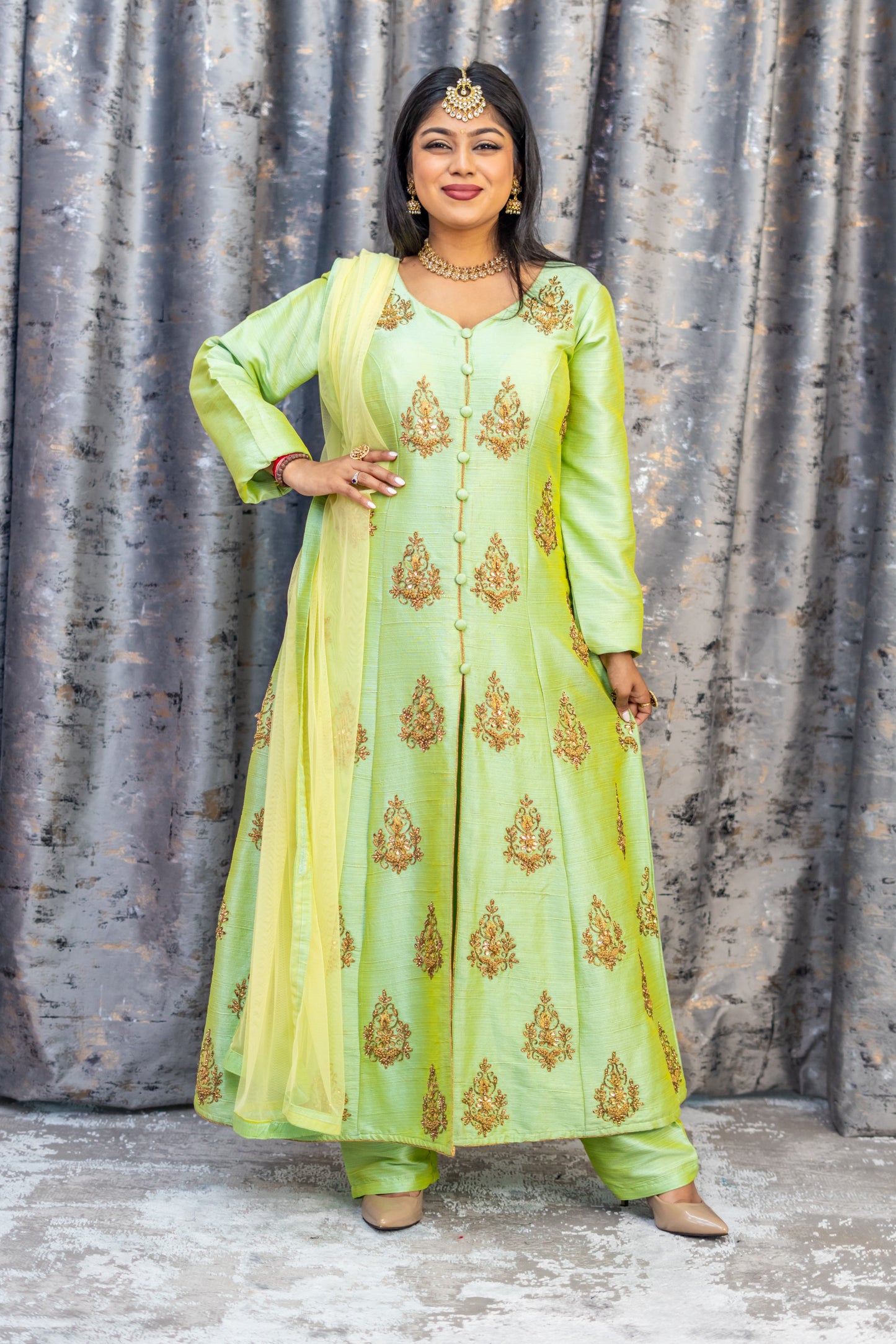 Lime Green Raw Silk Punjabi Set