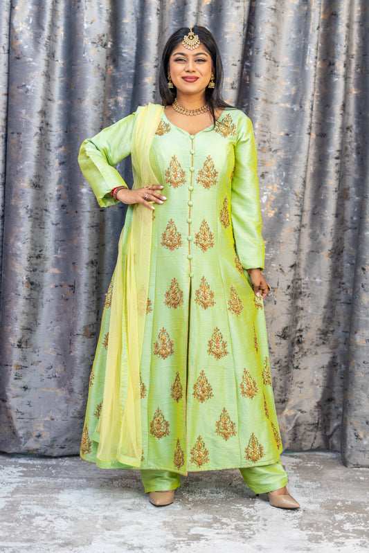 Lime Green Raw Silk Punjabi Set