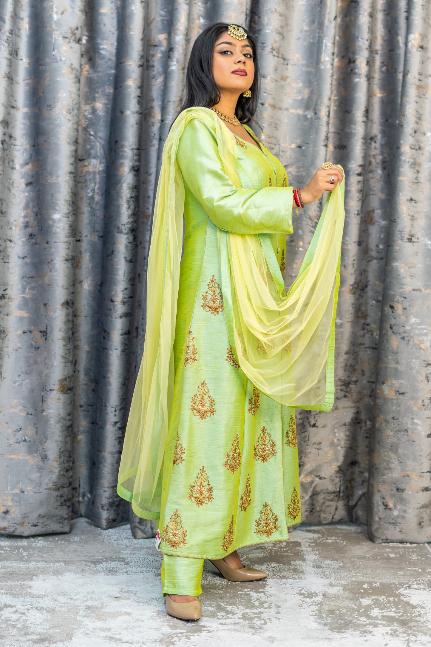 Lime Green Raw Silk Punjabi Set