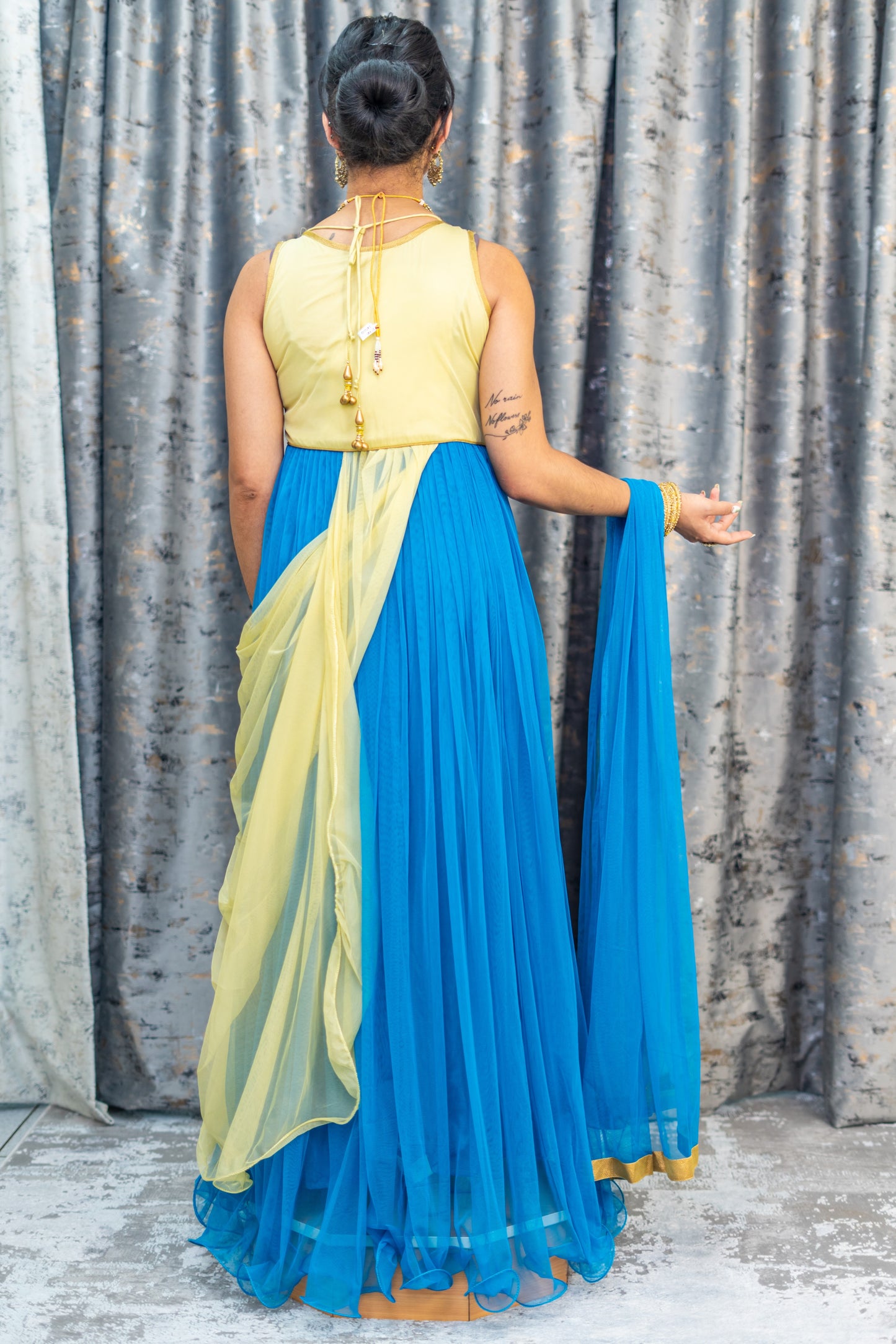 Blue Net Punjabi Set With Gold Swarovski Work