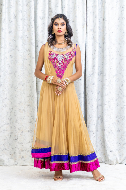 Beige Net Punjabi Set with Pink & Swarovski Stone Work