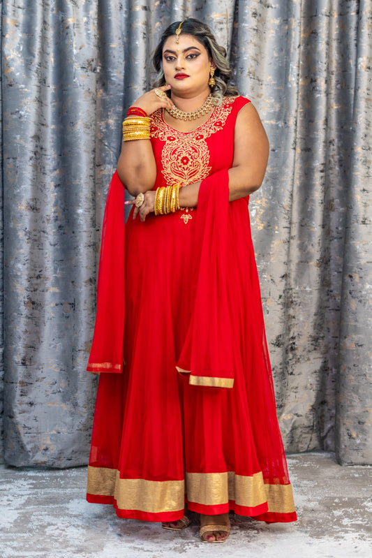 Red Net Punjabi Set with Swarovski Stone Work