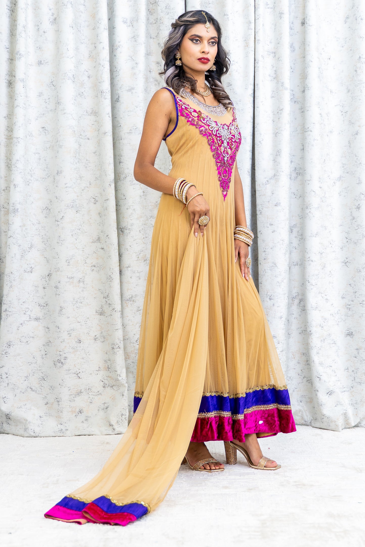 Beige Net Punjabi Set with Pink & Swarovski Stone Work