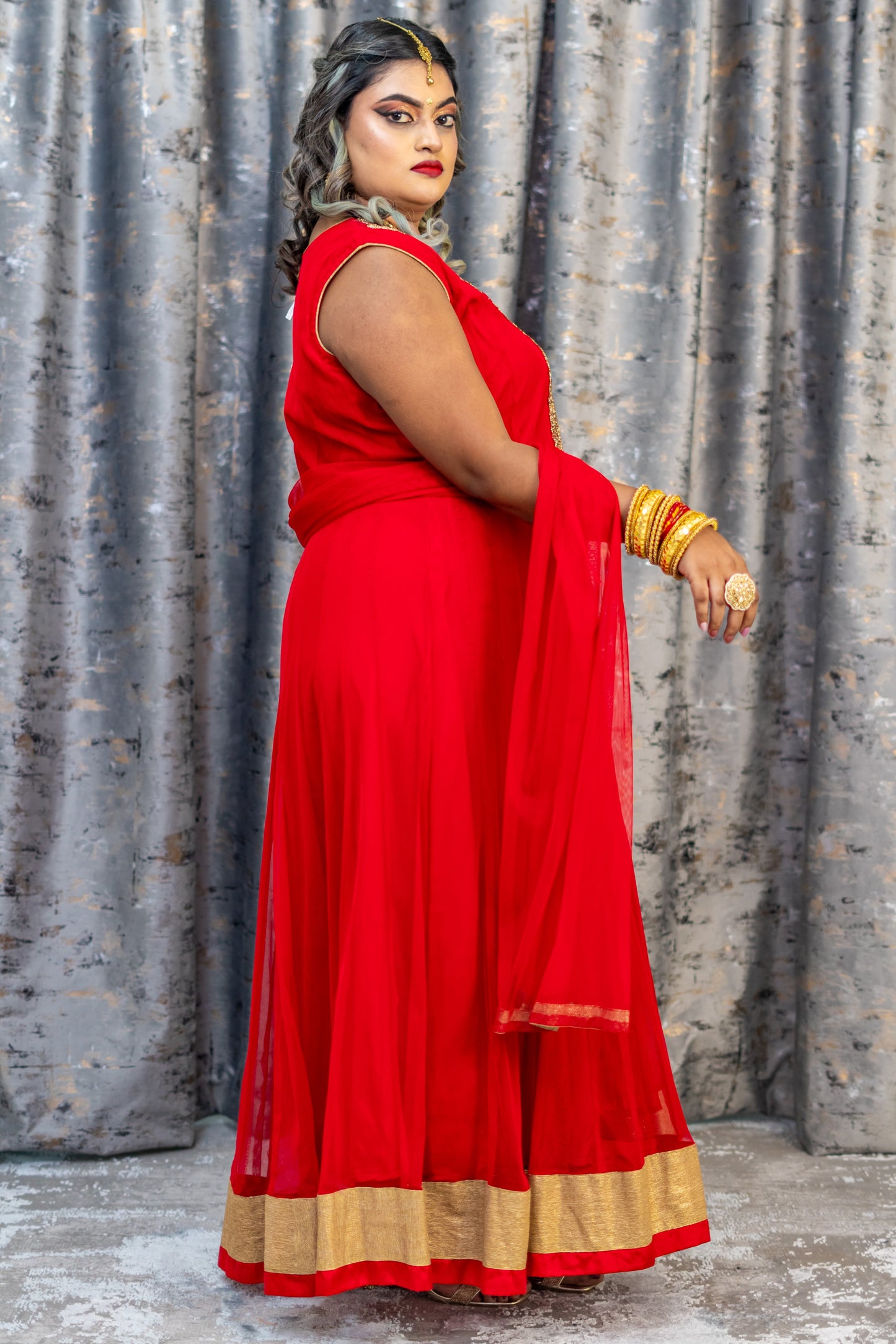 Red Net Punjabi Set with Swarovski Stone Work