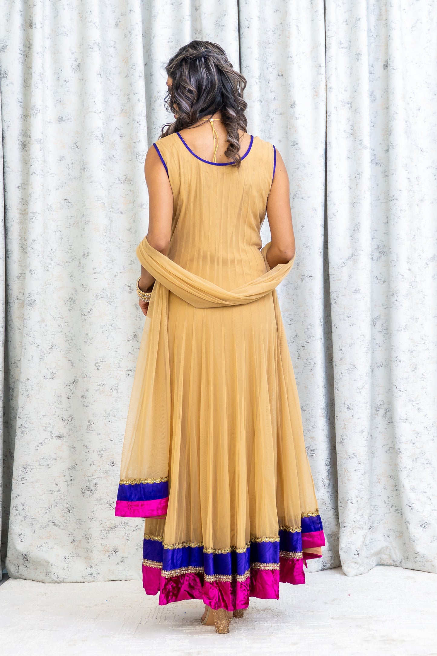 Beige Net Punjabi Set with Pink & Swarovski Stone Work