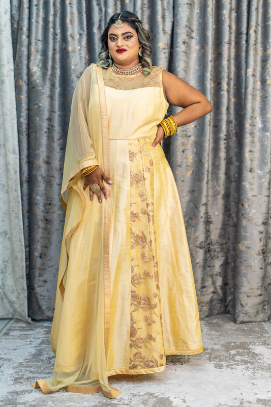 Cream/Golden Raw Silk Punjabi Set With Net Embroidery Panel