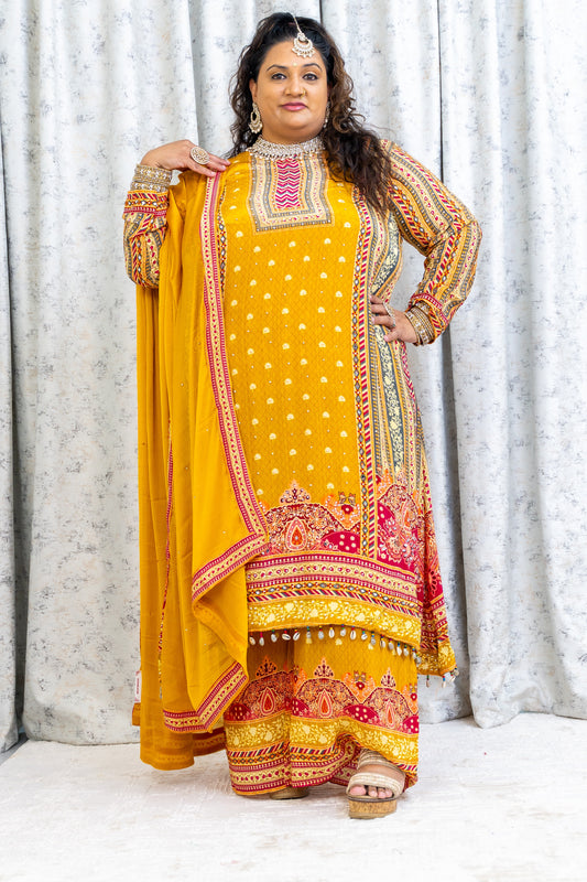 Yellow Colourful Chinon Silk Punjabi Set