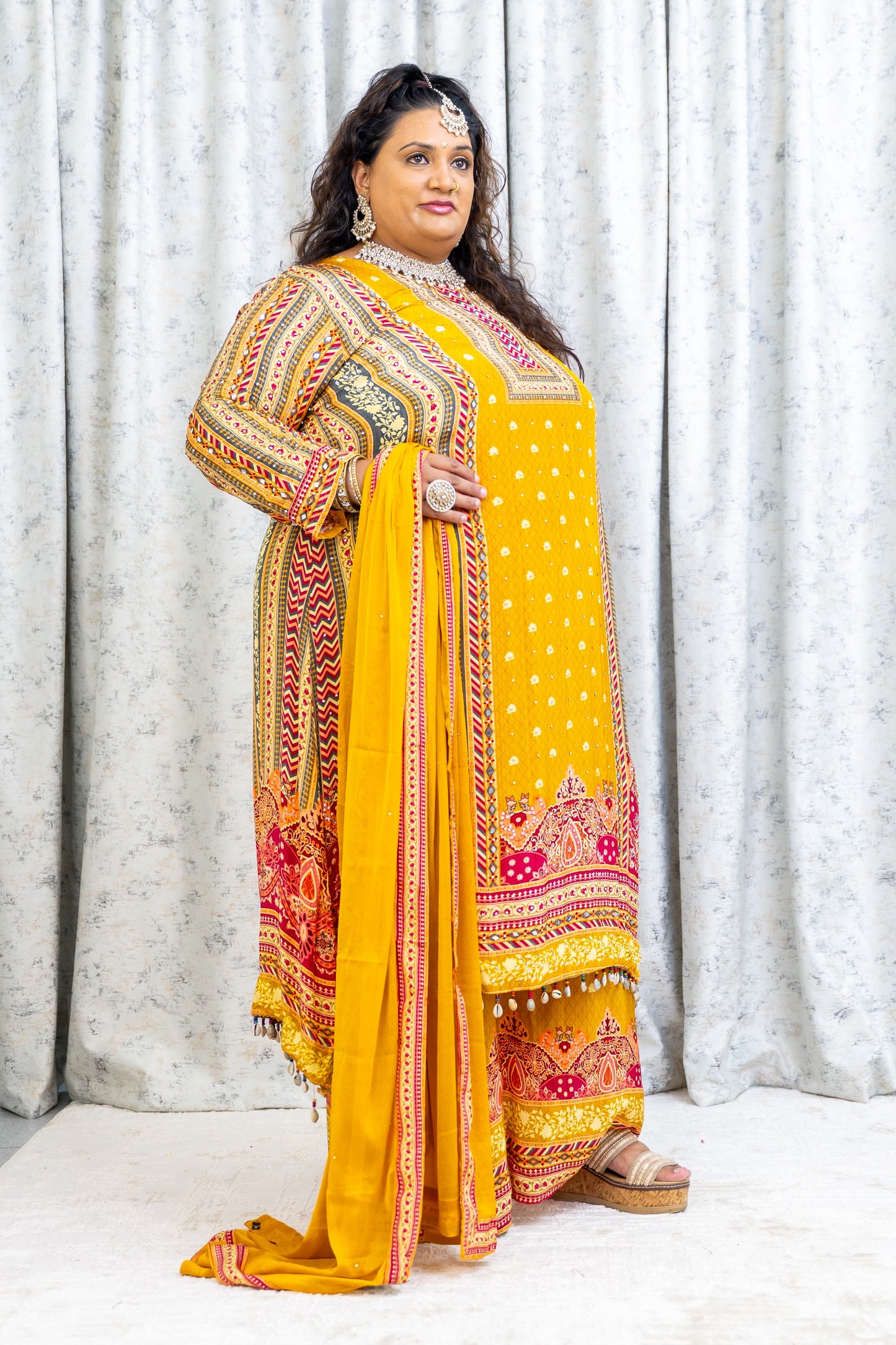 Yellow Colourful Chinon Silk Punjabi Set