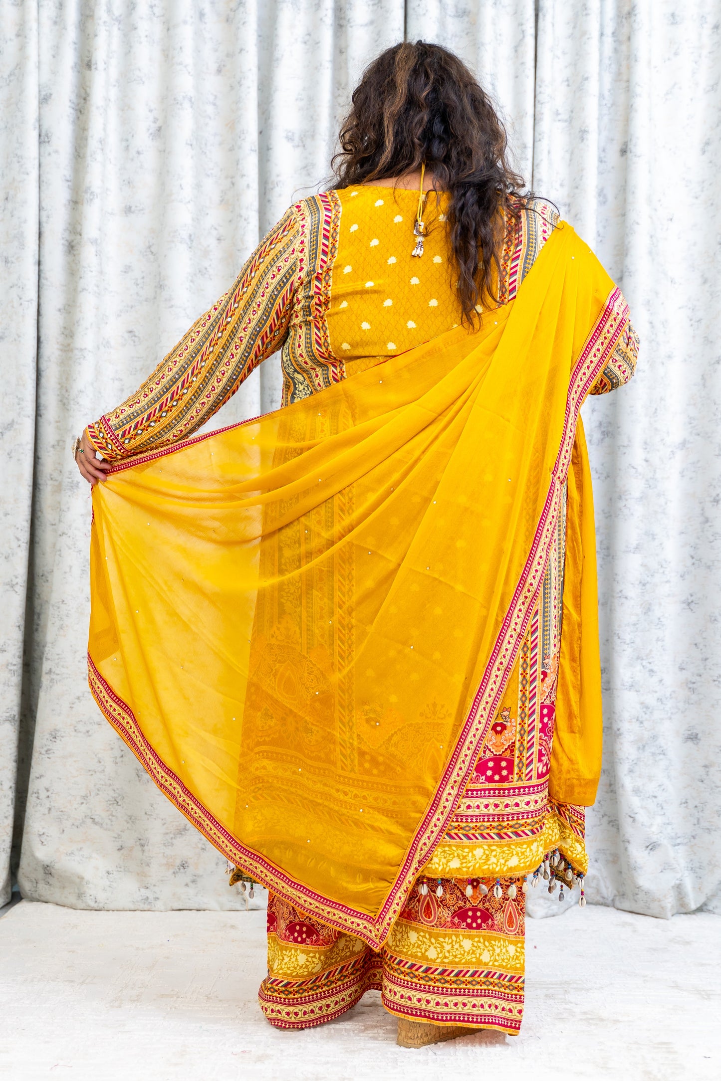 Yellow Colourful Chinon Silk Punjabi Set