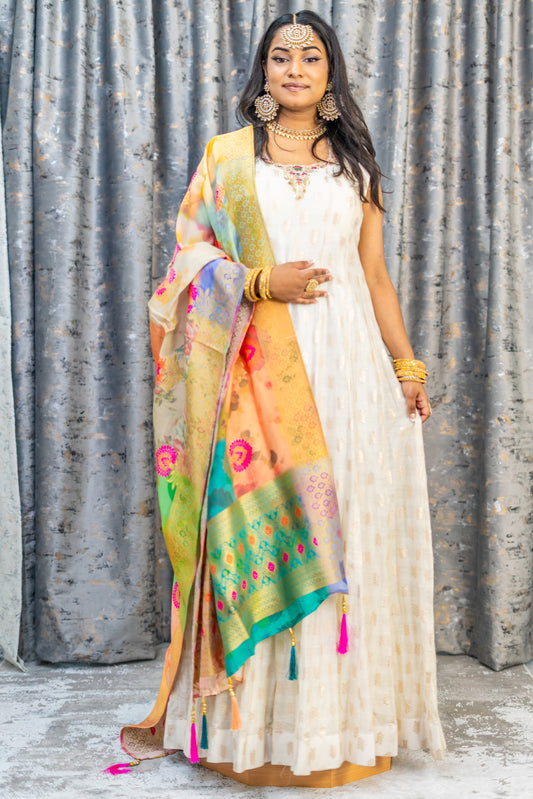 White Brocade Punjaabi Set with Contrast Dupatta