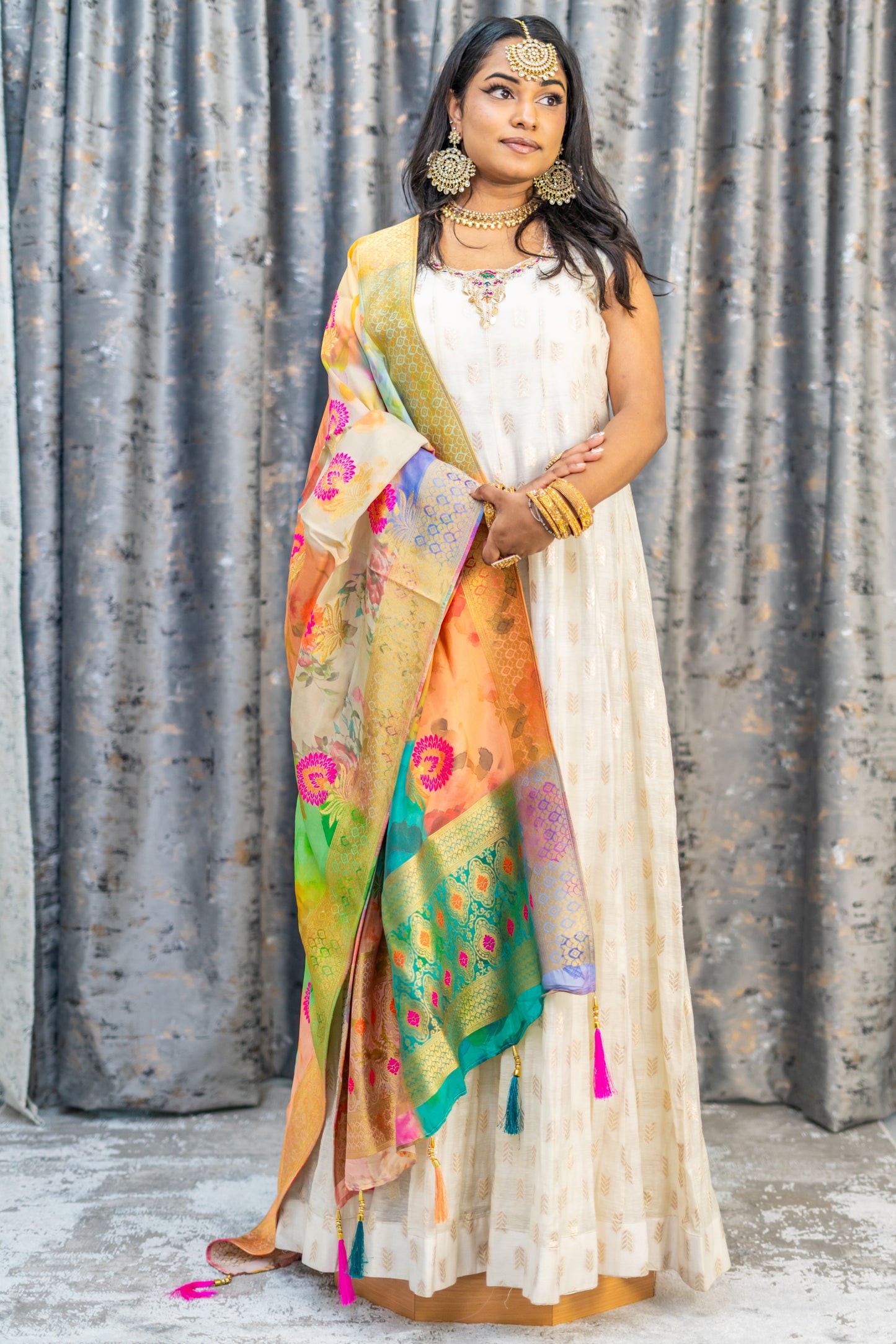 White Brocade Punjaabi Set with Contrast Dupatta