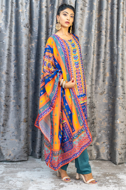 Colourful Printed Chinon Silk Punjabi Set
