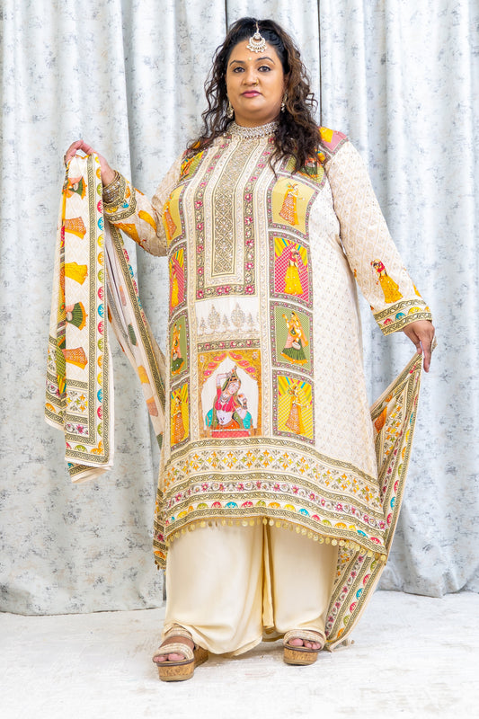 Cream Chinon Silk Punjabi Set